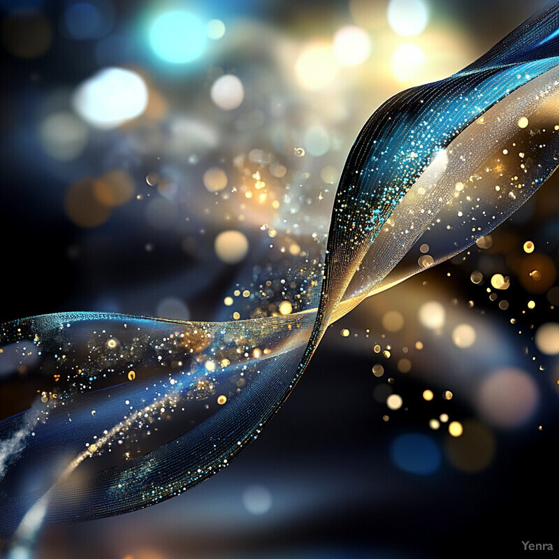 A digital artwork featuring abstract blue and gold hues with shimmering particles.