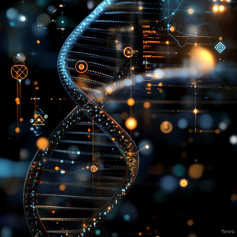 A futuristic representation of DNA with glowing blue lines and surrounding scientific symbols and icons.