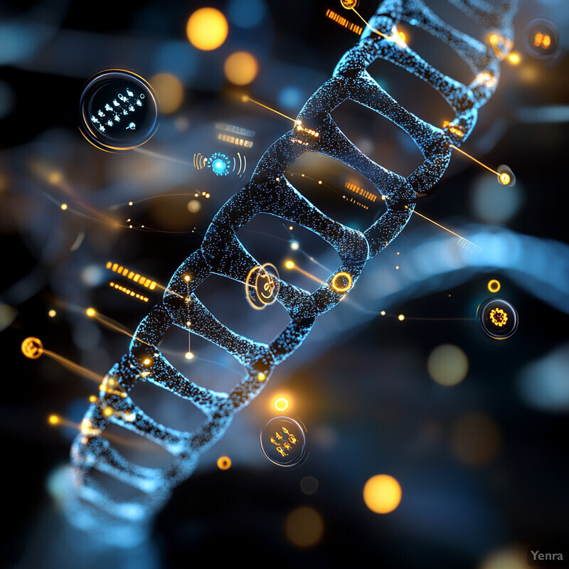 An image of a DNA double helix structure with various symbols and lines surrounding it.