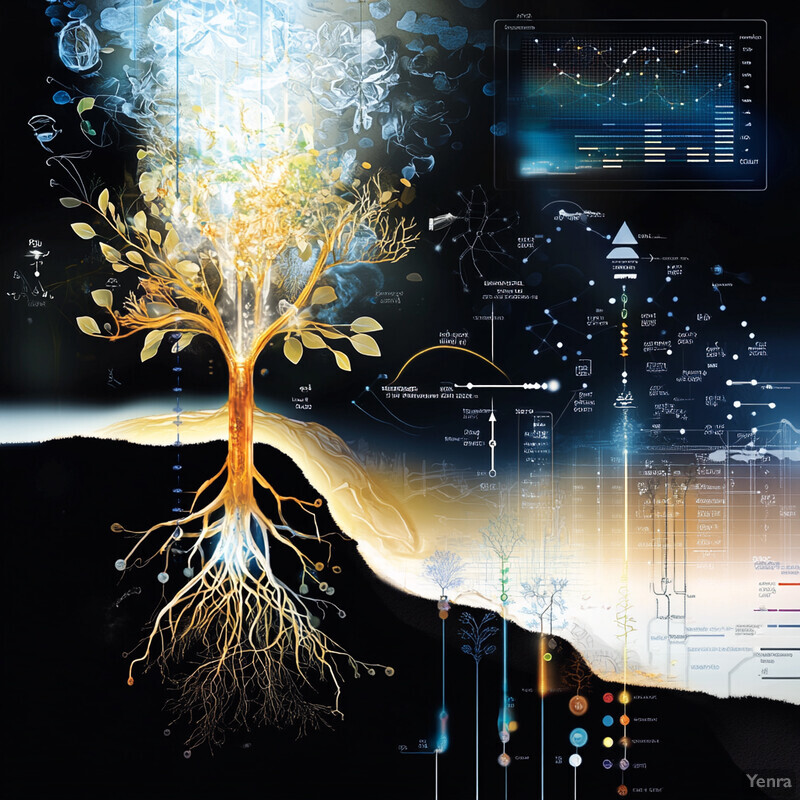 A tree with its roots extending into the ground is surrounded by various objects and symbols related to data analysis and scientific research.