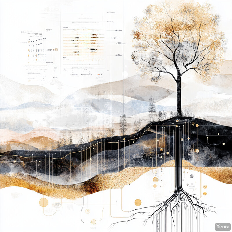 An abstract illustration of a tree and hills in a serene landscape.