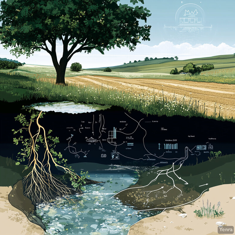 The infographic provides a detailed illustration of the water cycle process in a natural setting, highlighting its various stages and components.