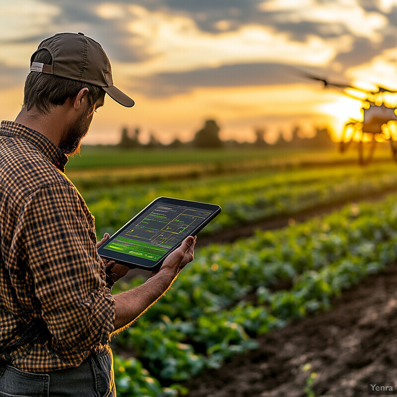 A farmer stands in a field, intently examining a tablet with a green screen.