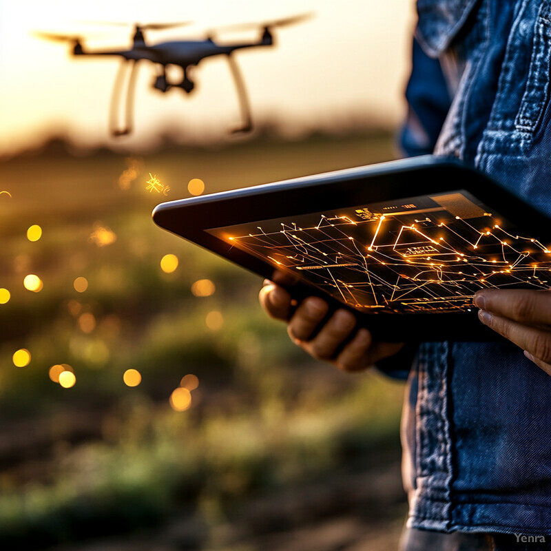 A person holding a tablet with a map on its screen stands in front of a drone flying above a field.