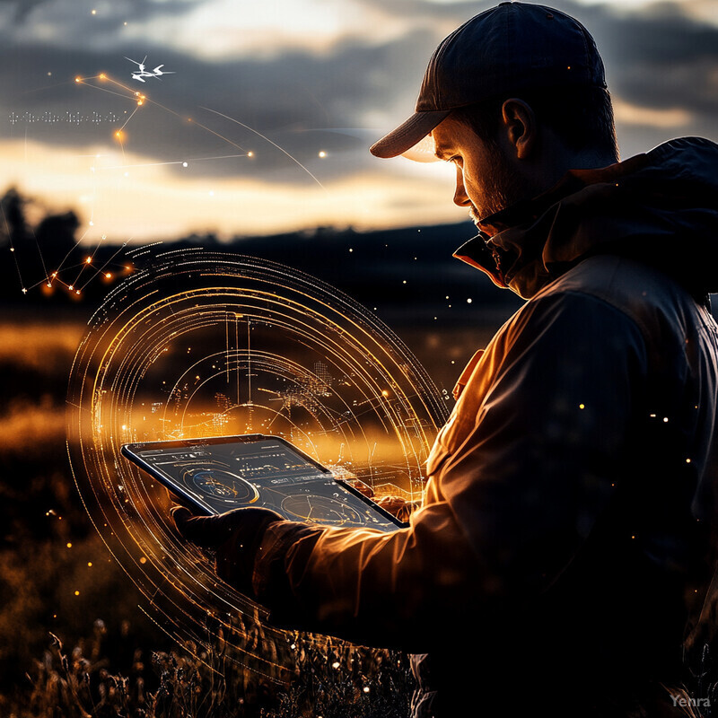 A man is using a tablet with a futuristic interface to monitor or control something in a field.