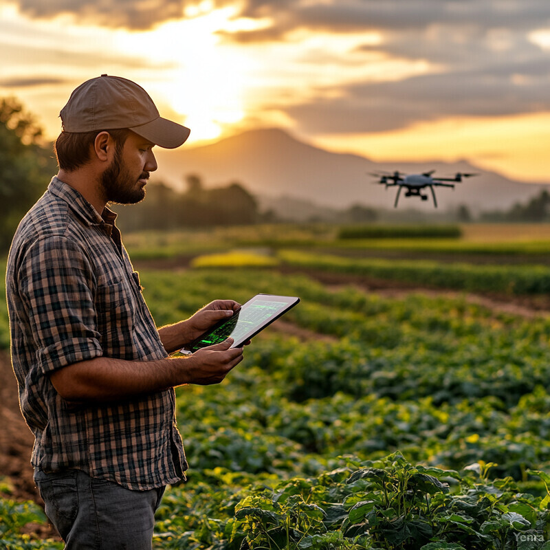 A man stands in a field of crops, holding a tablet and gazing at it with a thoughtful expression.