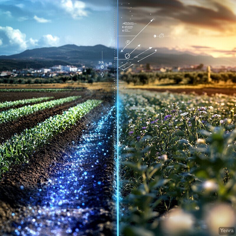 A peaceful landscape with rows of crops and a small town in the distance.