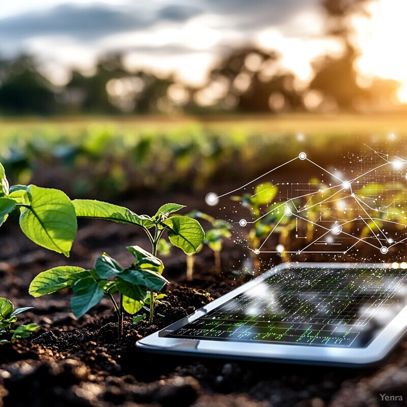 A tablet is placed beside young plants growing in a field, possibly displaying data related to the health of the plants.