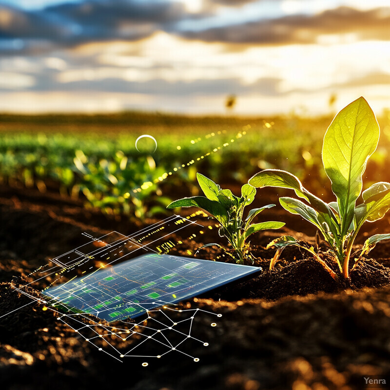 A tablet is placed next to a plant in an agricultural field during sunrise or sunset.