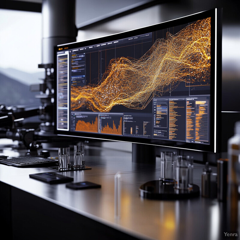 A computer monitor displaying a complex data visualization in an office setting.