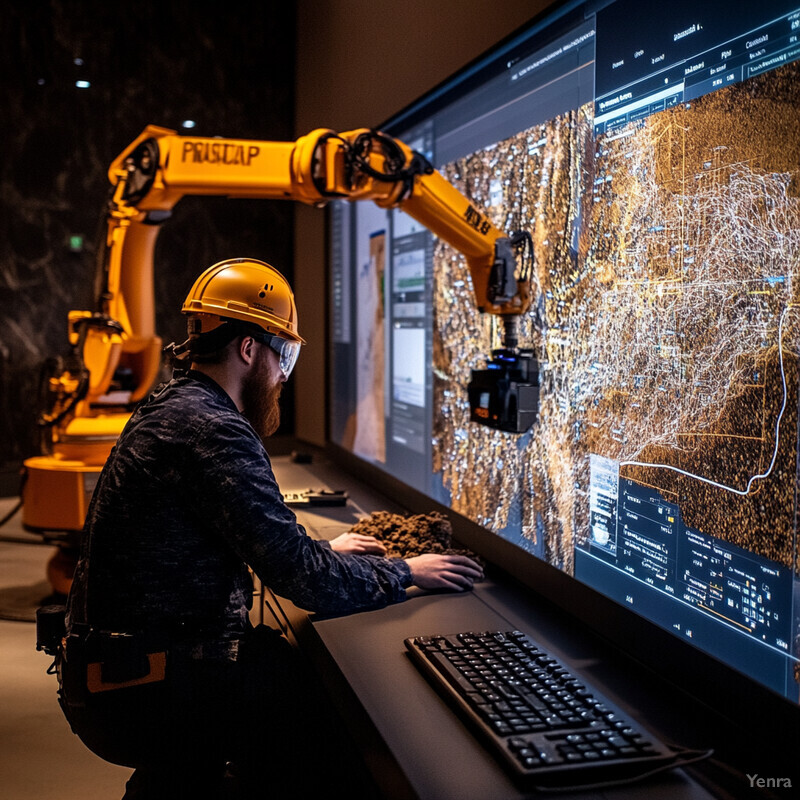 A man in a hard hat and safety glasses is standing in front of two large screens displaying maps or diagrams, with a yellow robotic arm in the background.