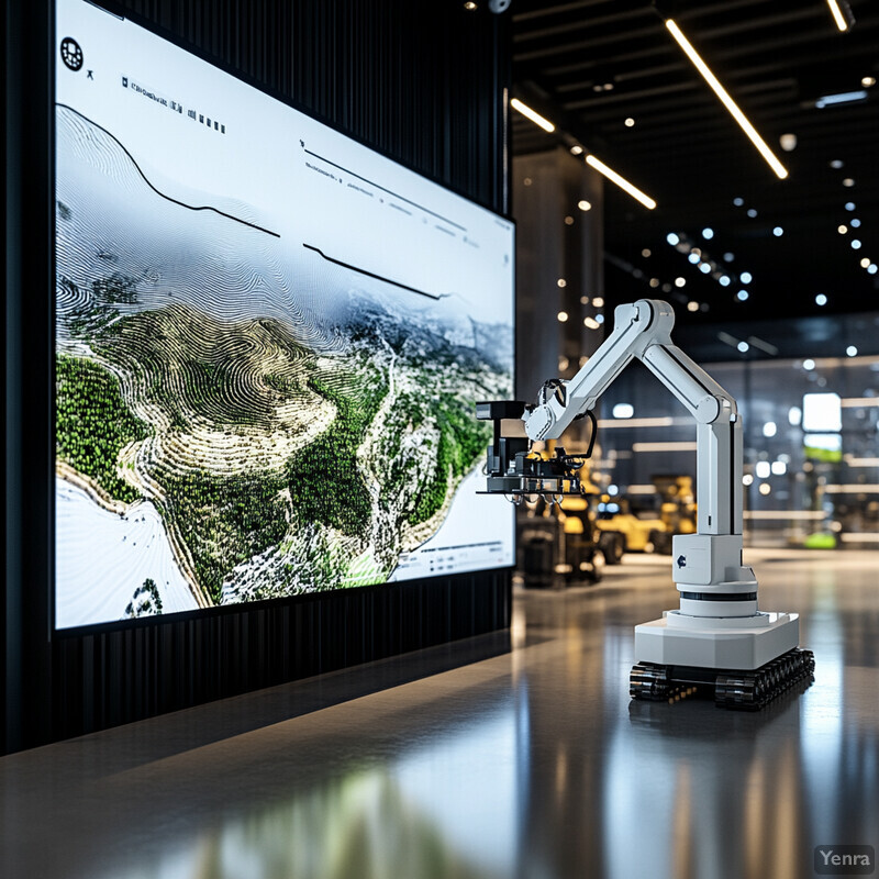 A large screen displays a topographical map, accompanied by a robotic arm holding a small device.