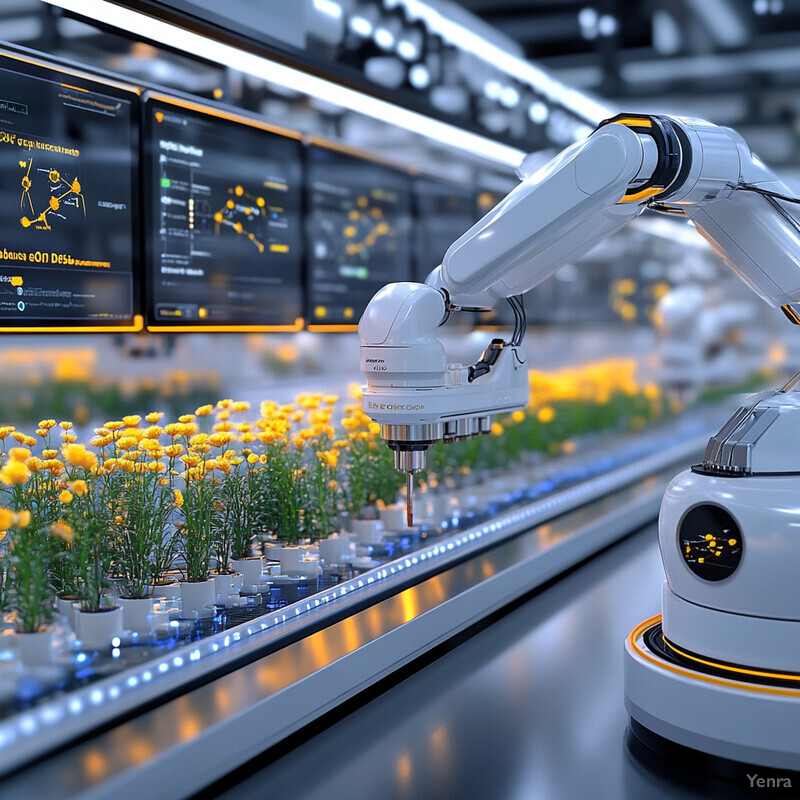 Robotic arms are used to analyze soil samples and cultivate plants in a modern laboratory.