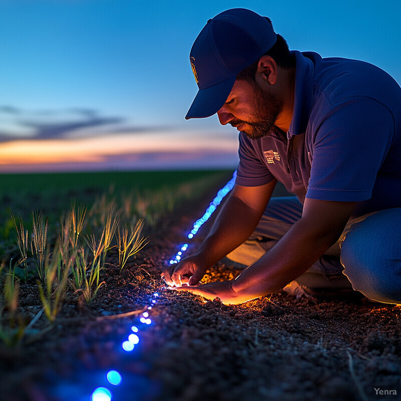 An agronomist examines a row of plants in a field at dusk or dawn.