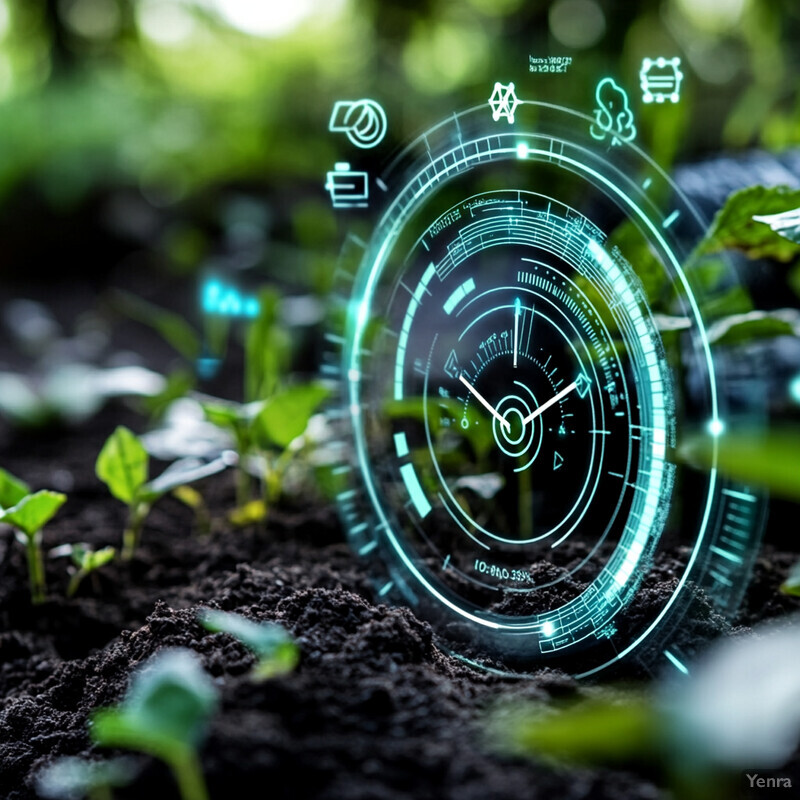 A futuristic representation of soil health scoring systems, highlighting the importance of monitoring and improving soil health for environmental sustainability.