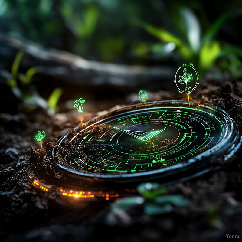 A futuristic soil health scoring system embedded in the ground, with a circular device and various symbols.