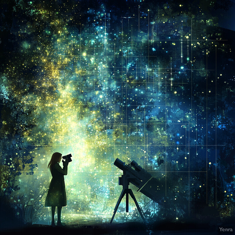 A woman stands in front of a telescope, gazing up at the night sky.