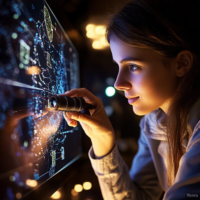 A young girl examines a map on a large screen in an educational or research setting.