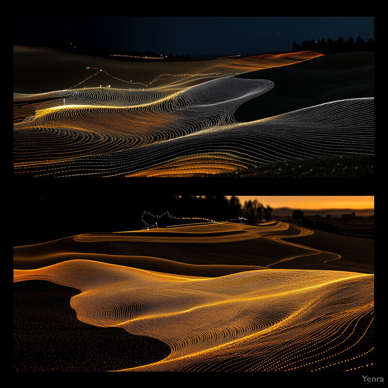 A futuristic landscape with undulating hills and valleys, created using small dots and warm colors.