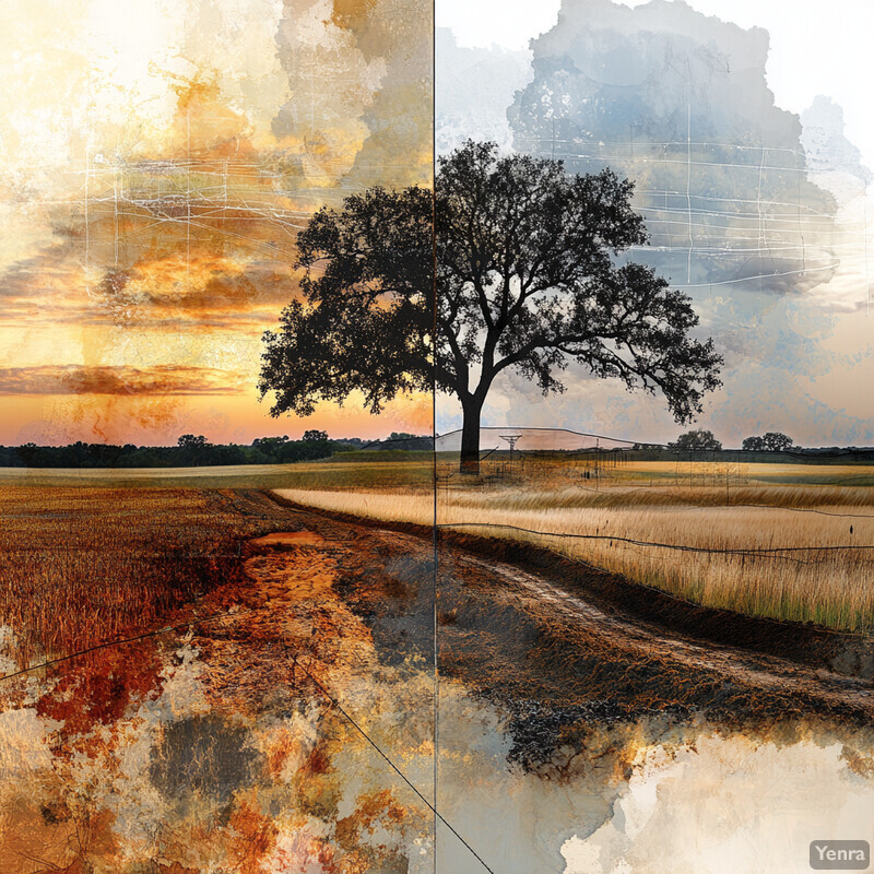 A serene landscape divided into two halves, featuring a sunset sky and a tree near water.