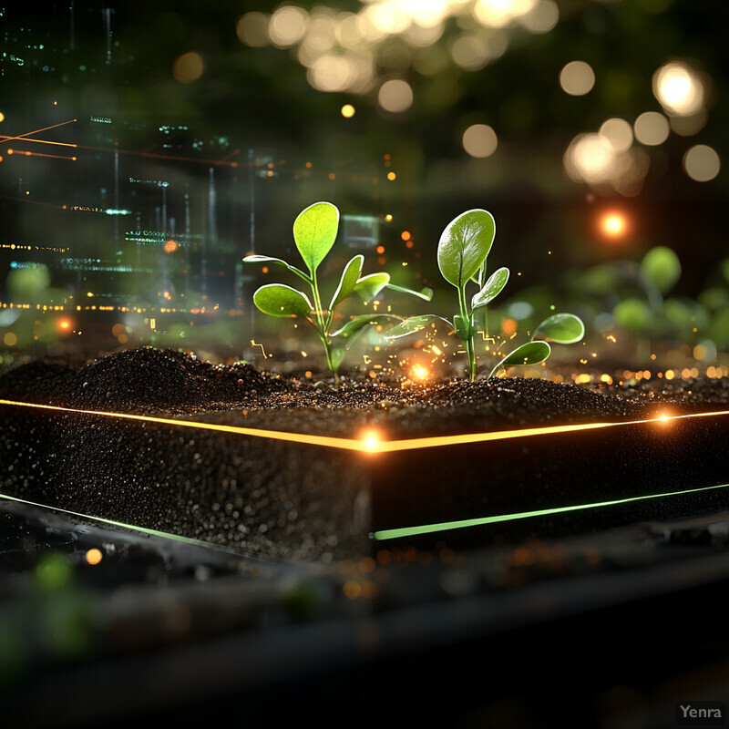 A digital rendering of plant growth in soil, with glowing yellow lines representing underground infrastructure.