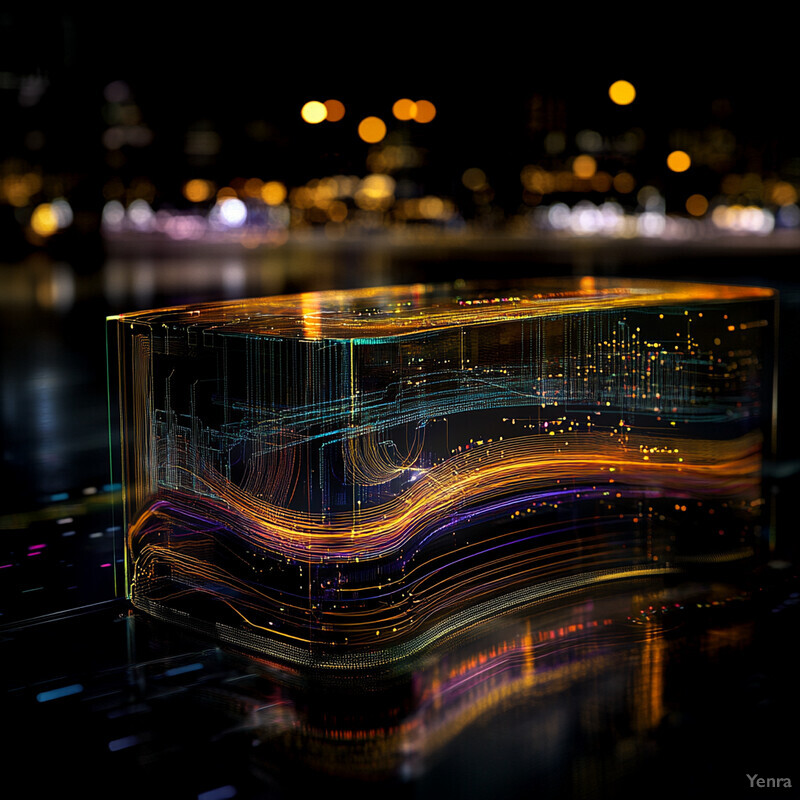 A 3D cube with etched circuitry patterns is set against a blurred cityscape background.