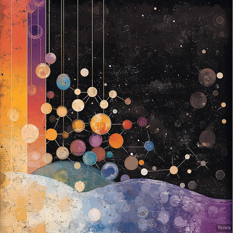 Abstract representation of space with planets and celestial bodies scattered throughout.