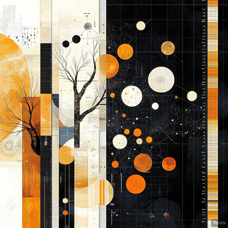 A collage of shapes and patterns in black, orange, and cream with a central tree as the focus.