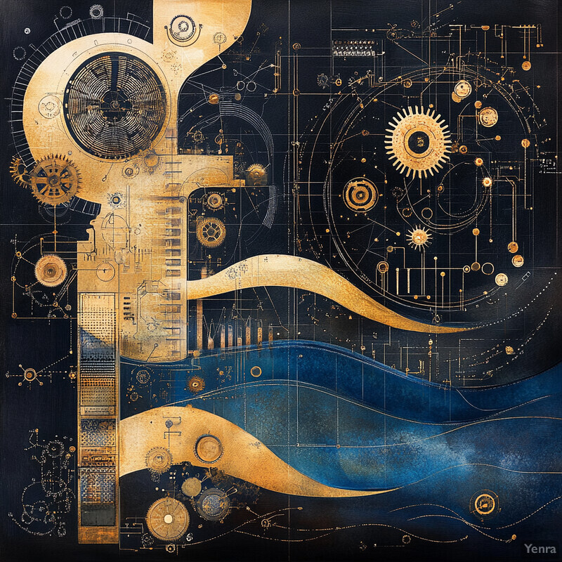 The image is a unique blend of abstract shapes, geometric patterns, celestial bodies, and machinery elements, suggesting an integration of art, science, technology, and design.