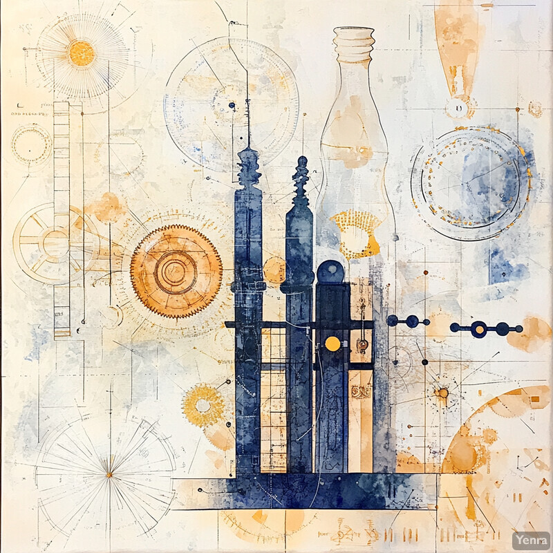 An abstract image featuring a mix of shapes and mechanical elements on a cream-colored background.