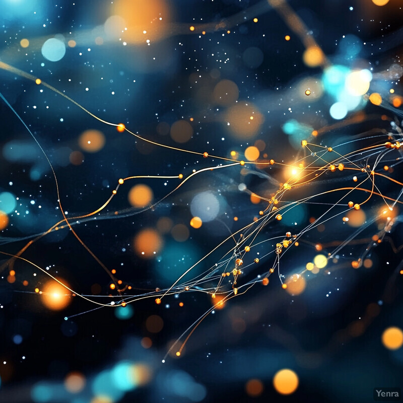 The image is a visually striking representation of data-driven nanomaterial discovery, featuring an intricate web of glowing orange and yellow dots connected by thin lines against a dark blue background.