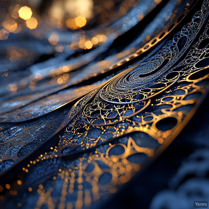 The image showcases an abstract design with intricate patterns and shapes in gold and blue hues.