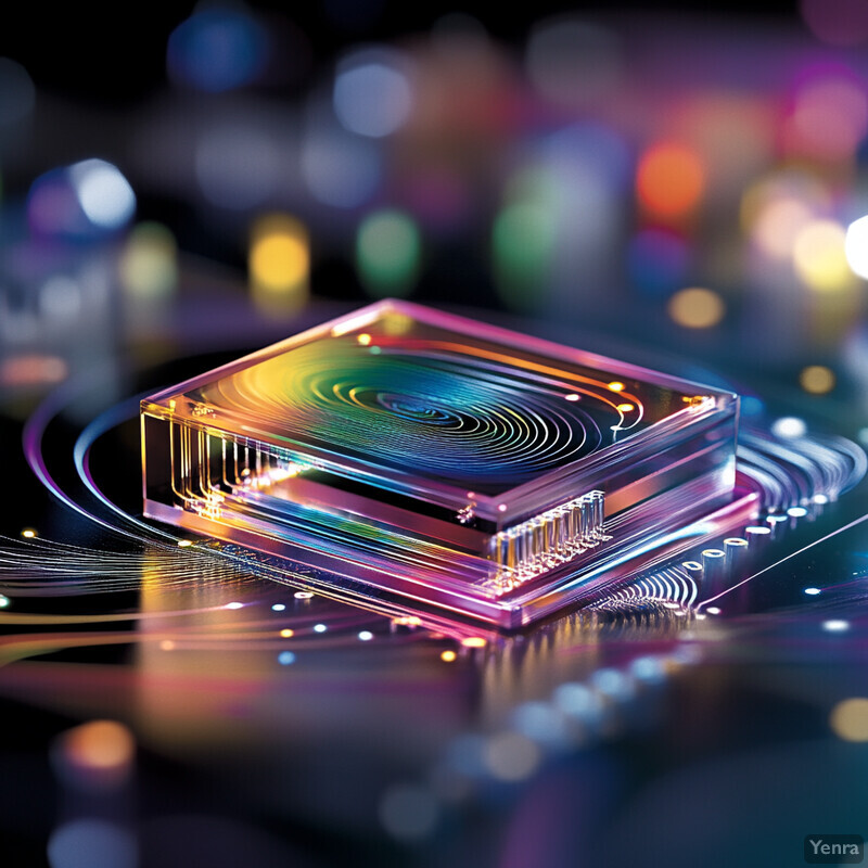 A 3D rendering of an integrated circuit or microchip, showcasing its intricate architecture and design.