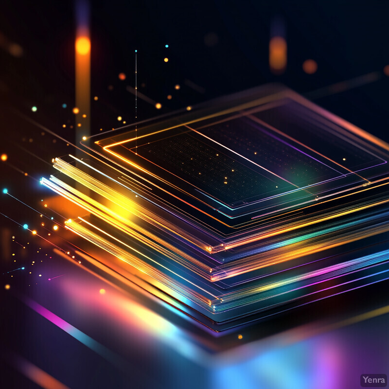 A detailed illustration of an Inverse Design in Photonics and Electronics, featuring a stack of transparent layers with intricate details.