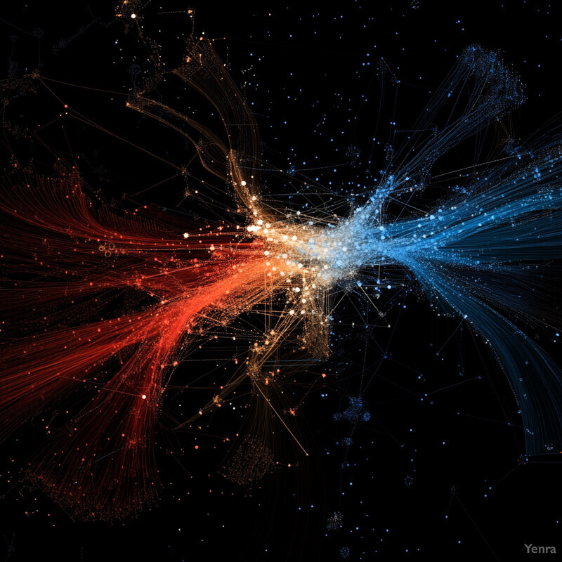 A dynamic network of interconnected nodes and lines, with red and blue hues dominating the visual landscape.