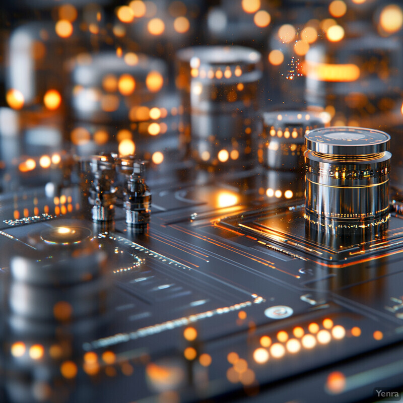 An intricate nanomanufacturing process optimization setup featuring a central silver cylinder and smaller cylindrical components.