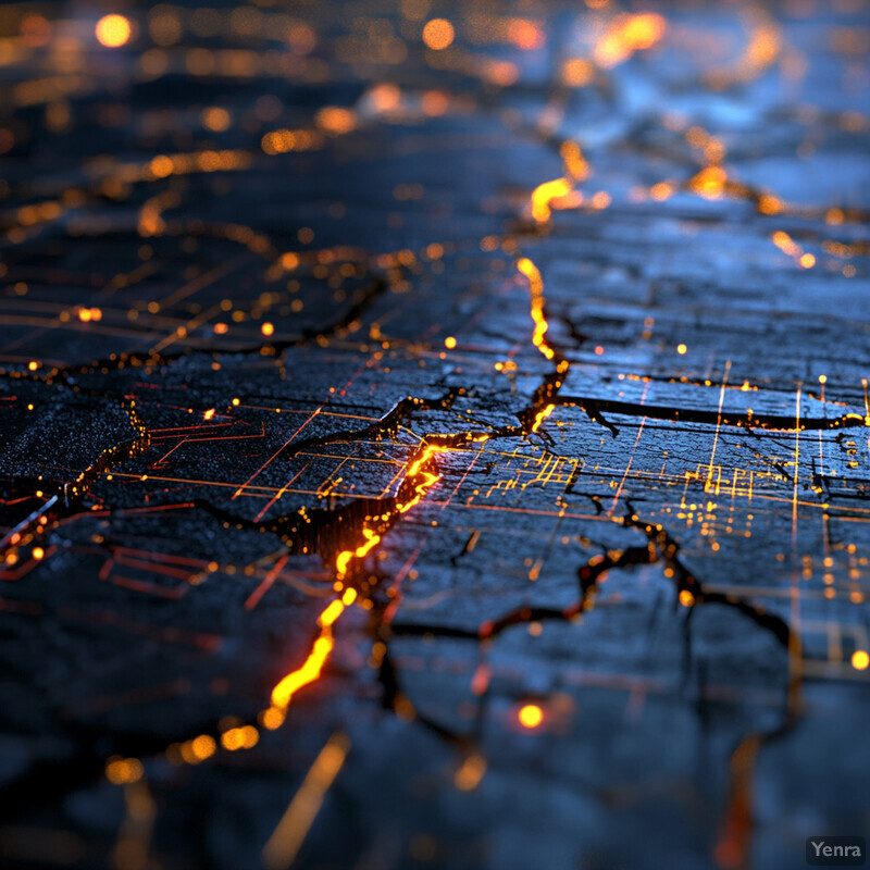 A circuit board with cracks and sparks, possibly indicating an electrical failure or malfunction.