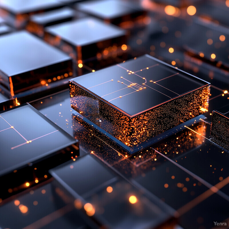 A 3D rendering of microchips or integrated circuits, showcasing their intricate details and components.