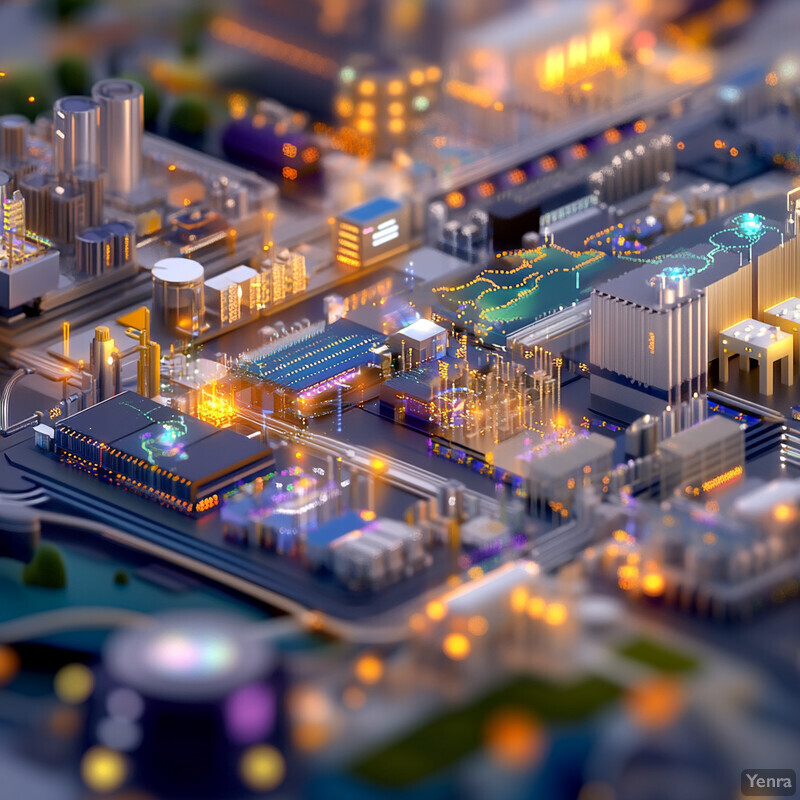 A 3D rendering of an industrial complex, likely a semiconductor manufacturing facility.