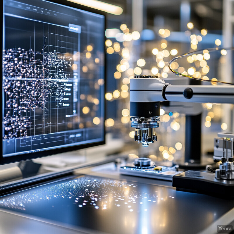 A microscope with a screen displaying a blueprint or diagram is shown in a laboratory setting.