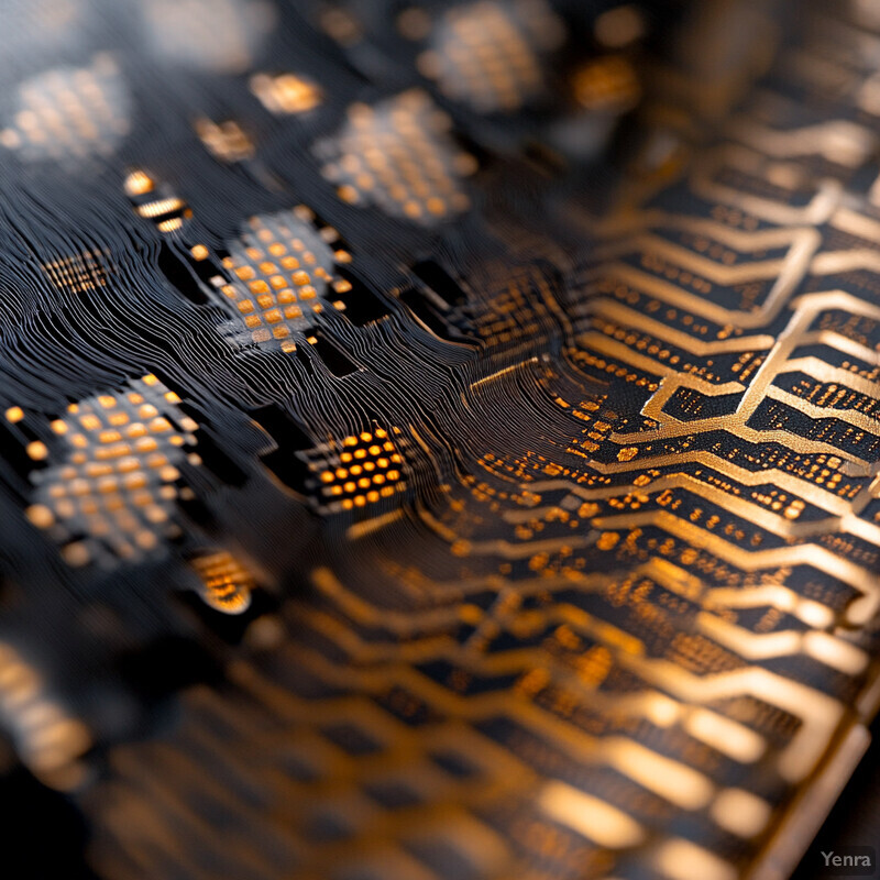 A detailed view of a black circuit board with densely packed gold-colored lines, likely captured using advanced imaging techniques.