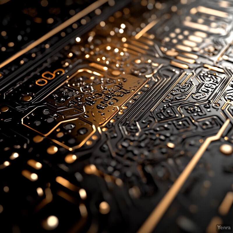 A detailed view of a computer chip or circuit board with intricate patterns and small components.