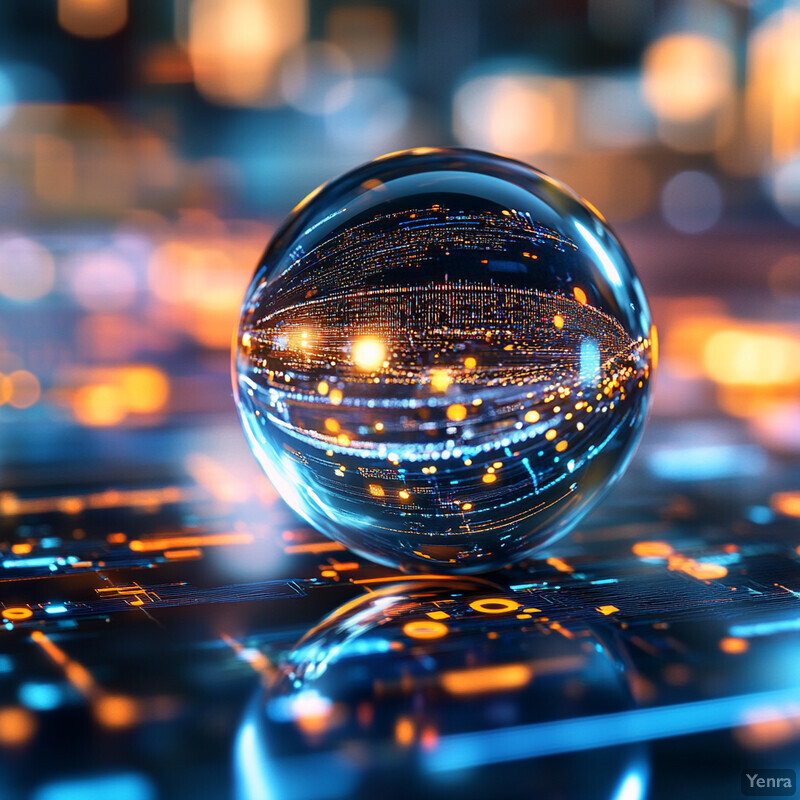 A crystal ball sitting on a reflective surface, reflecting the surrounding environment.