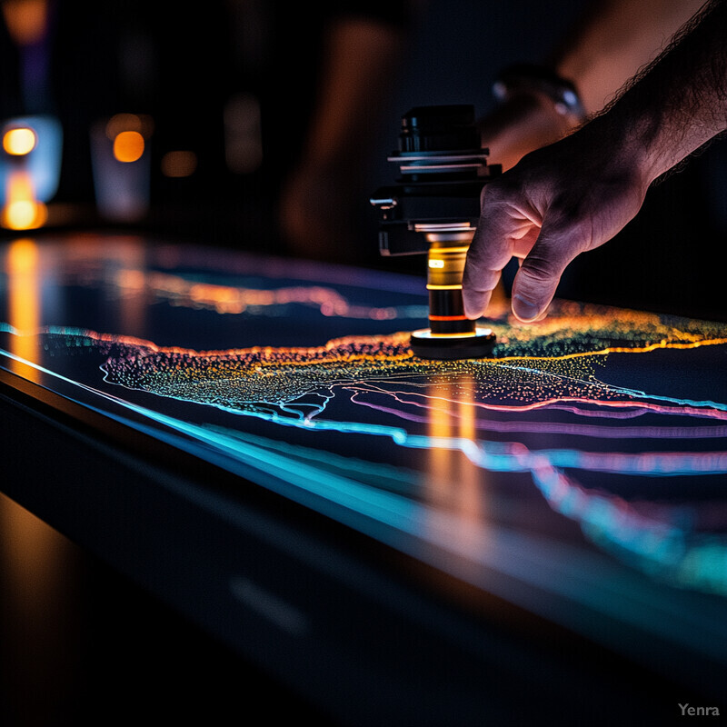 A person interacts with an interactive surface displaying a colorful, abstract pattern.