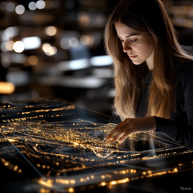 A woman is intently examining a 3D rendering of a city at night on her device.