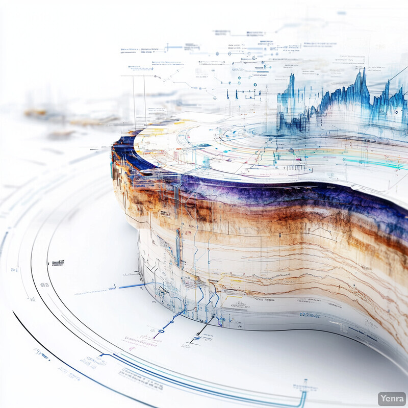 A 3D visualization of a geological formation with layers of rock and soil, featuring a curved shape and various lines and symbols.