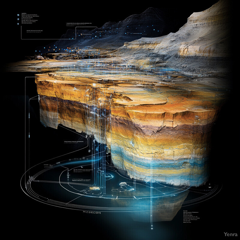 A 3D rendering of a geological formation with layers of rock visible in cross-section.