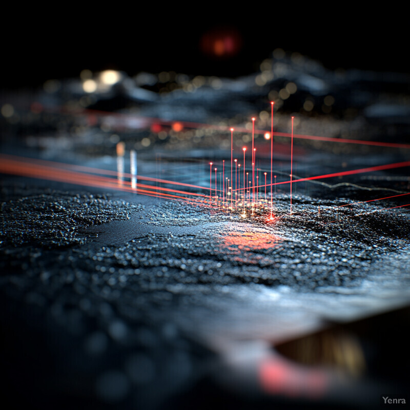 A computer-generated landscape with laser beams and red lines