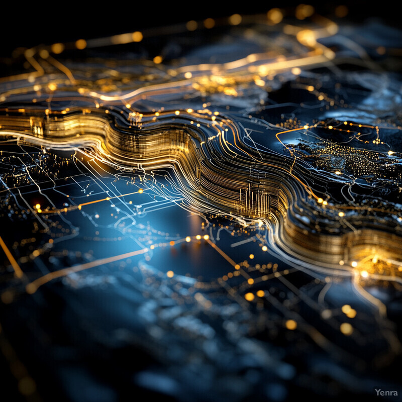 A 3D topographic map of a mining site or quarry, featuring gold-colored lines and blue areas.