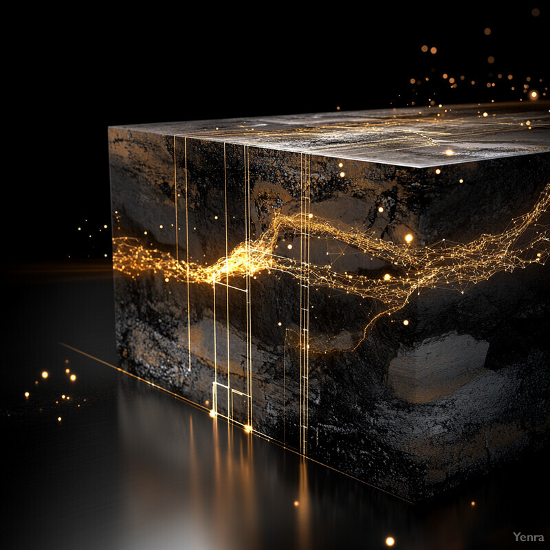 A 3D cube with a black and gold marbled texture, set against a dark background.